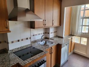 una cucina con armadi in legno e lavandino di Piso céntrico 2 habitaciones a escasos metros de Maria Pita a La Coruña