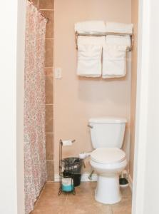 uma casa de banho com um WC branco e toalhas em East Downtown Hideaway em Houston