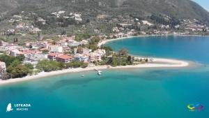 an aerial view of a small island in the water at The Hammam Guest House in Nydri