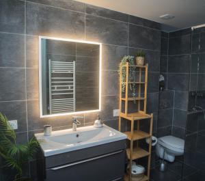 y baño con lavabo, espejo y aseo. en Studio Cosy Proche Plages, Parc Borely & Stade, en Marsella