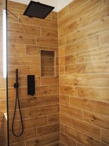 y baño con ducha y paredes de madera. en Lieblingsnest en Schwerin