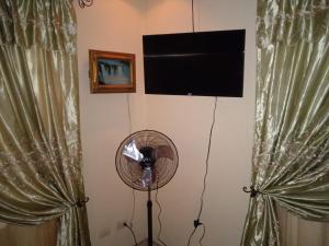 een ventilator en een televisie in een kamer met gordijnen bij Alexander b&b in Alajuela