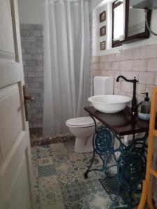 y baño con aseo blanco y lavamanos. en Kiskemence Vendégház Szatta, en Szatta