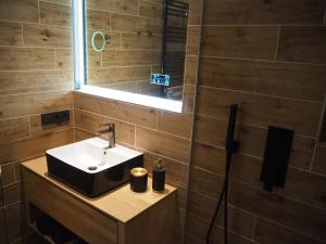 a bathroom with a sink and a glass shower at Lieblingsnest in Schwerin