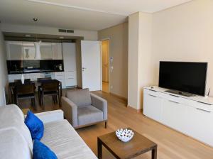 Il comprend un salon doté d'un canapé et d'une télévision à écran plat. dans l'établissement Silba - Luxury Apartment, à Rabac