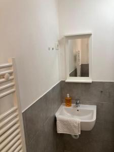 ein Badezimmer mit einem weißen Waschbecken und einem Spiegel in der Unterkunft center Mestre 15 minutes from Venice, parking Bellini in Mestre