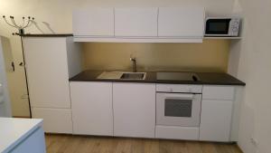 a kitchen with white cabinets and a sink and a microwave at Altstadtwohnungen "Grünberg 1D" & "Gmunden 3D mit Seeblick" im Zentrum von Gmunden in Gmunden
