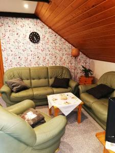 Sala de estar con 2 sofás y mesa en Ferienwohnung auf dem Fischer-Hof, en Stolpen