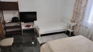 mały pokój z 2 łóżkami i telewizorem w obiekcie La Badia del Cavaliere 1 w Rzymie