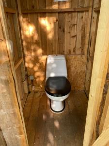 a toilet with a black seat in a wooden structure at Treehouse B&B in Rabjerg