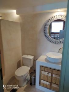 W łazience znajduje się toaleta, umywalka i lustro. w obiekcie Island Apartments w mieście Psili Ammos