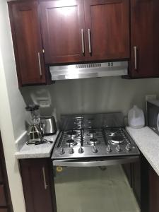 a stove top oven in a kitchen with wooden cabinets at Residencial Santa Rosa Apto 8 Section C in Moca