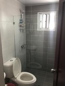y baño pequeño con aseo y ducha. en Residencial Santa Rosa Apto 8 Section C, en Moca