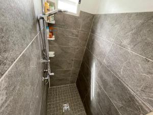 a bathroom with a shower with a tiled floor at Appartement Frégate de la Pointe in Le Robert