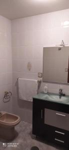 a bathroom with a sink and a toilet and a mirror at Apartamentos xistra in Cangas del Narcea +11 photos