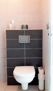 a bathroom with a white toilet and a black wall at Romanson Garden House in Kuřim