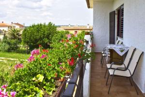 a balcony with a table and chairs and flowers at Apartment in Sisan - Istrien 41776 in Šišan