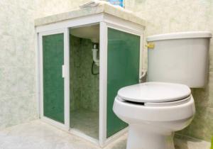 La salle de bains est pourvue d'une douche et de toilettes blanches. dans l'établissement Blanca, à Cancún