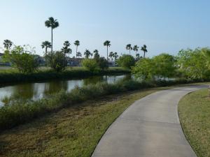 a path next to a river with palm trees at LIV Resort: Clam Circle with Private Jacuzzi (Pet Friendly) in Port Isabel