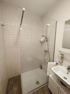 een badkamer met een douche en een wastafel bij Vista City Apartment in Podgorica