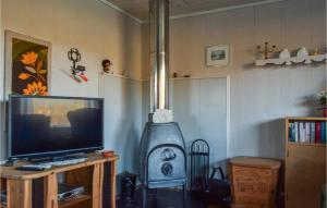 a living room with a wood stove in the corner at 3 Bedroom Lovely Home In Helvik in Egersund