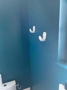 bagno blu con servizi igienici e parete blu di IDÉALEMENT SITUÉ "LE STUDIO" Les Locations ISAHORA sont aussi à 2 pas du Château d'Eu, des Falaises du Tréport, de MERS les Bains et aux portes de la BAIE DE SOMME a Eu Altre 53 foto
