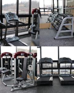 eine Collage mit Bildern eines Fitnessstudios mit Maschinen in der Unterkunft Urban-Est Hotel in Goyang