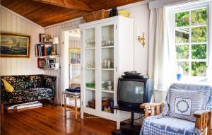 a living room with a tv and a white cabinet at Gorgeous Home In Reksteren With Kitchen in Klinkholmen