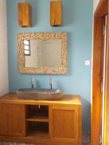 La salle de bains est pourvue d'un lavabo et d'un miroir sur un mur bleu. dans l'établissement Beach House à Terre de Haut, à Terre-de-Haut