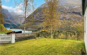 a yard with a fence and a view of a mountain at Nice Home In Byrkjelo With Kitchen in Reed