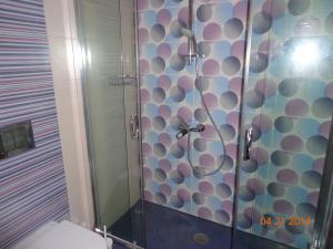 a bathroom with a shower with a toilet at Mistral-Patmos in Patmos