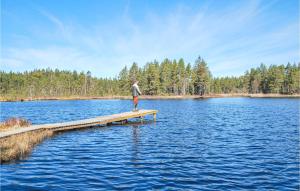 a man standing on a dock in the middle of a lake at 1 Bedroom Nice Home In Kosta in Kosta