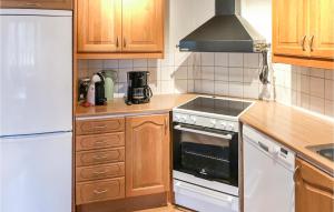 a kitchen with wooden cabinets and a white stove top oven at Amazing Home In Mönsterås With Kitchen in Mönsterås +3 photos