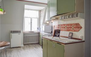 a kitchen with green cabinets and a counter top at Beautiful Apartment In Nynshamn With Kitchen in Nynäshamn