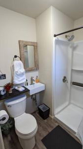 a bathroom with a toilet and a shower and a sink at Cozy Cabin in Squaw Valley