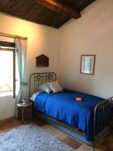 a bedroom with a bed with blue sheets and a window at La Colle en Provence Main House in Sigonce +35 photos