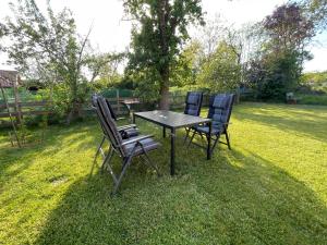 4 sillas y una mesa en un patio en Ferienwohnung Holzwurm, en Wienrode