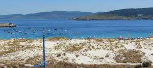 una spiaggia con un gruppo di barche in acqua di Apartamento Xanela o Mar a Laxe