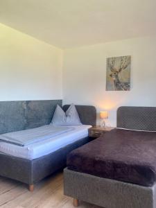 Habitación de hotel con 2 camas y sofá en Appartement Haus Seerose, en Reith im Alpbachtal