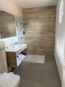 a bathroom with a shower and a sink and a toilet at Hôtel L'Albatros in Saint-Trojan-les-Bains +37 photos