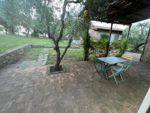 patio ze stołem, krzesłami i drzewem w obiekcie Agriturismo Baratti w mieście Baratti