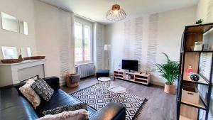 uma sala de estar com um sofá e uma televisão em Appartement F2 refait à neuf tout confort em Montluçon