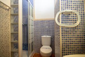 La salle de bains est pourvue de carrelage bleu, de toilettes et d'une douche. dans l'établissement Apartamentos Alma de Zahara, à Zahara de los Atunes