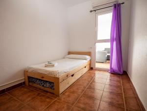 1 dormitorio con 1 cama y una ventana con cortinas moradas en Apartamentos Alma de Zahara, en Zahara de los Atunes