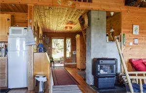 a kitchen and living room of a log cabin with a stove at Lovely Home In Kvinlog With House A Mountain View in Kvinlog