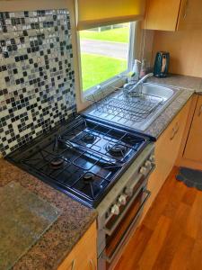 a stove top oven in a kitchen with a window at Lily Jo caravan Skipsea Sands at Parkdean Resort in Skipsea