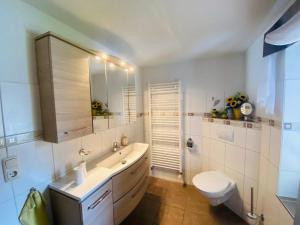 a white bathroom with a sink and a toilet at Ferienhof Alte Wildmeisterei - Fewo Gartenblick in Neuhaus am Rennweg +27 photos