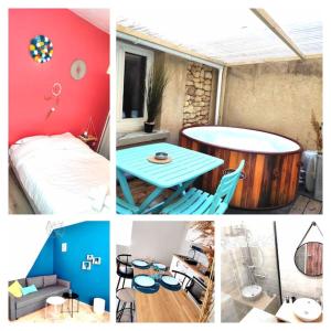 kolaż zdjęć pokoju z łóżkiem i stołem w obiekcie L'Antique SPA: jacuzzi sous patio w Orange