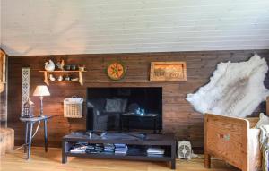 a living room with a fireplace and a wooden wall at Stunning Home In Kvinlog With 4 Bedrooms And Wifi in Kvinlog