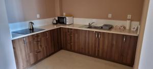 Kuchnia z drewnianymi szafkami, zlewem i kuchenką mikrofalową w obiekcie Apartament Perła nr 19 nad Jeziorem Pluszne w mieście Mierki +5 zdjęć
